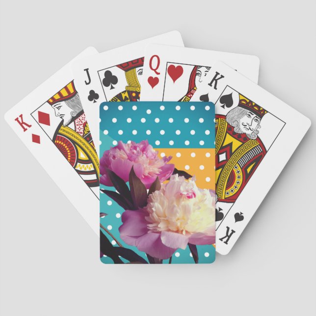 Pink Peonies & Dots  Playing Cards (Back)