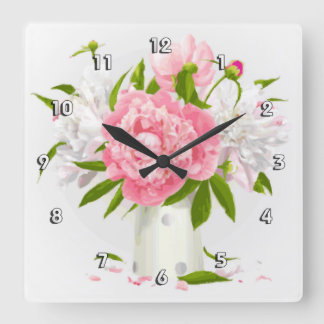 Pink Peonies Fine Floral Square Wall Clock