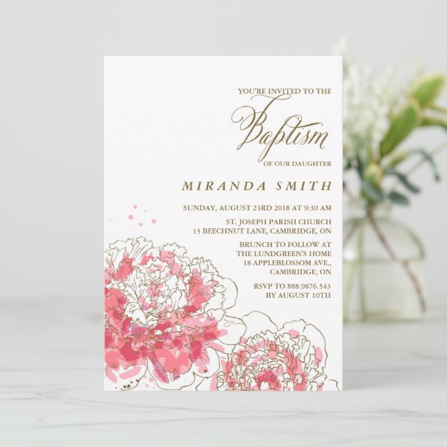 Pink Peonies | Floral Baptism Invitation (Standing Front)