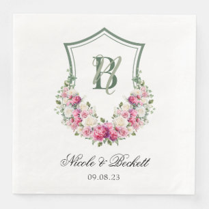 Pink Peonies Floral Crest Wedding Napkin