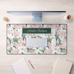 Pink Peonies Floral Custom Name Desk Mat