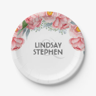 Pink Peonies Floral Elegant Wedding Paper Plate