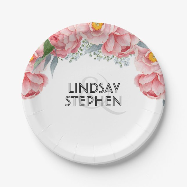 Pink Peonies Floral Elegant Wedding Paper Plate (Front)