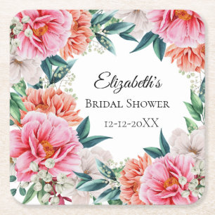 Pink Peonies Floral Eucalyptus Bridal Shower Square Paper Coaster