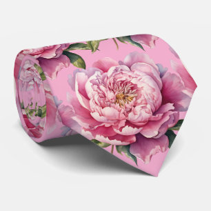 Pink Peonies Floral Flower Faux Silk Neck Tie