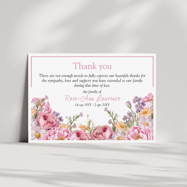 Pink peonies floral frame funeral thank you card (Creator Uploaded)