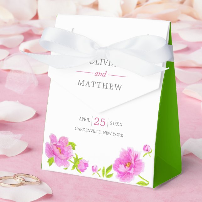 Pink Peonies Floral Green Wedding Cake Favour Box (Wedding)
