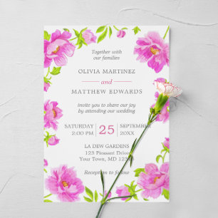 Pink Peonies Floral Green Wedding Invitation