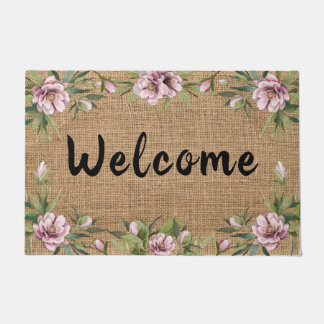 Pink Peonies Floral Greenery Spring Burlap Doormat