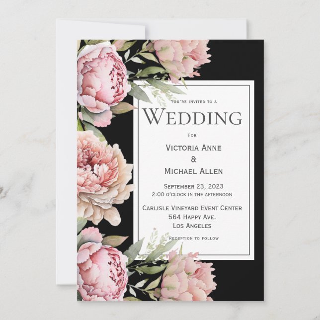 Pink Peonies Floral Watercolor Black Wedding Invitation (Front)