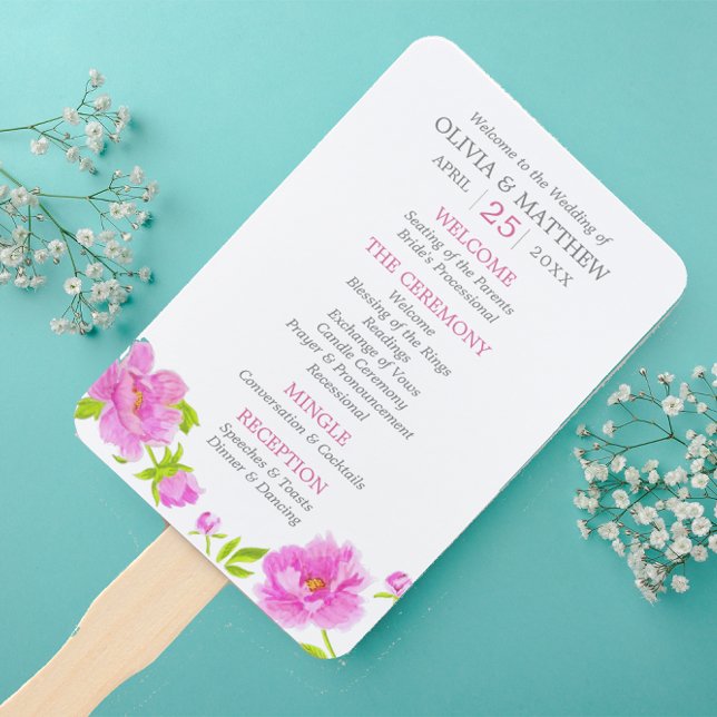 Pink Peonies Floral Wedding Program Hand Fans (Creator Uploaded)