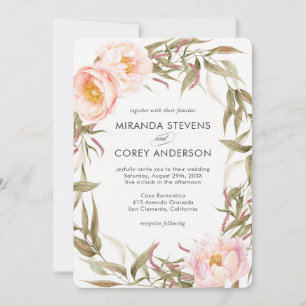 Pink Peonies Floral Wreath Wedding Invitation