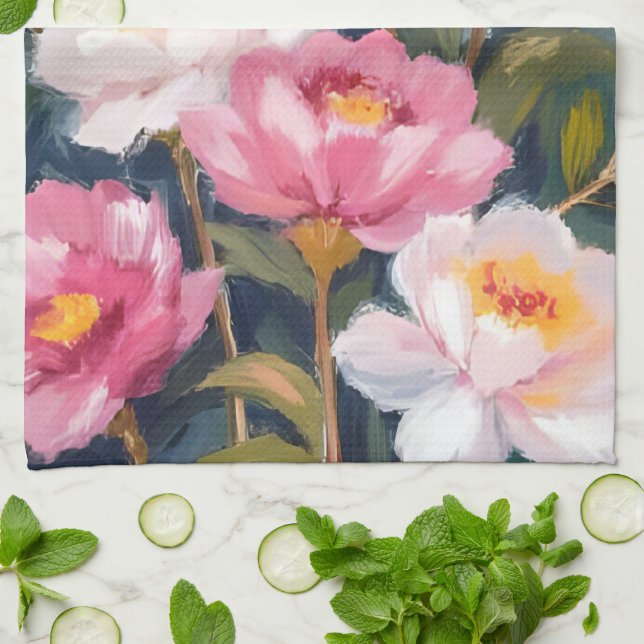 Pink Peonies Flower Bouquet Watercolor Kitchen Towel (Folded)