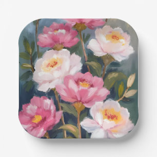 Pink Peonies Flower Bouquet Watercolor Paper Plate
