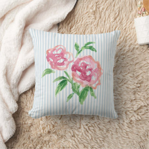 Pink Peonies Flower Painting Blue Stripe Throw Pillow