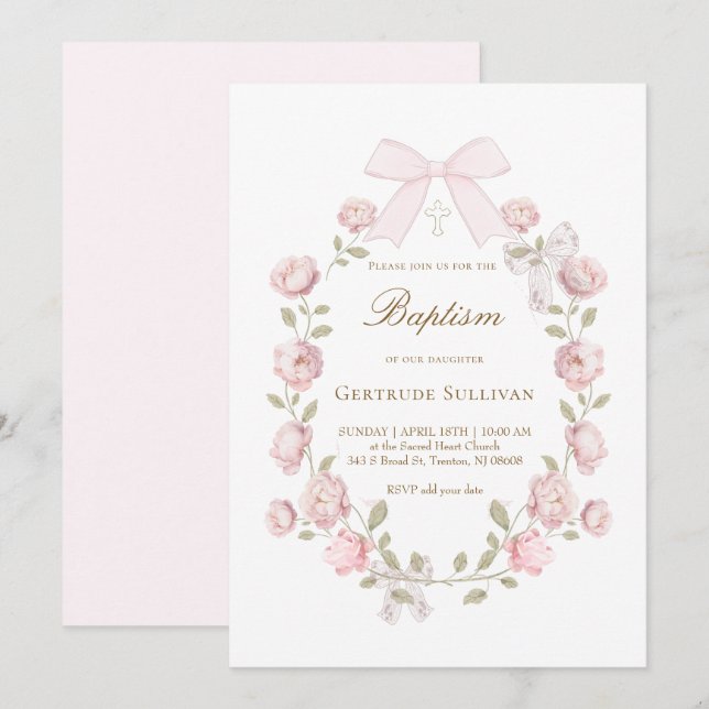 pink peonies flowers Baptism Invitation (Front/Back)