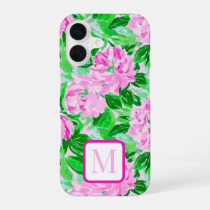Pink Peonies Flowers Pattern Monogram iPhone 16 Case