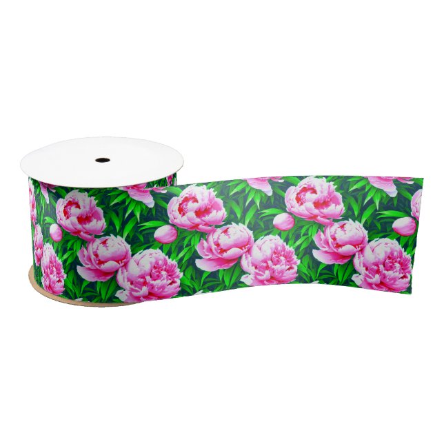 Pink Peonies Garden Print  Satin Ribbon (Spool)