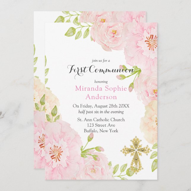 Pink Peonies Gold Cross First Communion  Invitation (Front/Back)