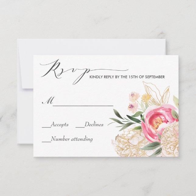 Pink Peonies Gold Watercolor wedding Rsvp Card (Front)