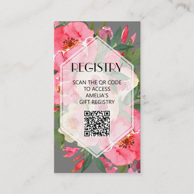 Pink Peonies Grey Bridal Shower Registry QR Code Enclosure Card (Front)