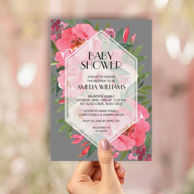Pink Peonies Grey Floral Baby Shower Invitations (Creator Uploaded)