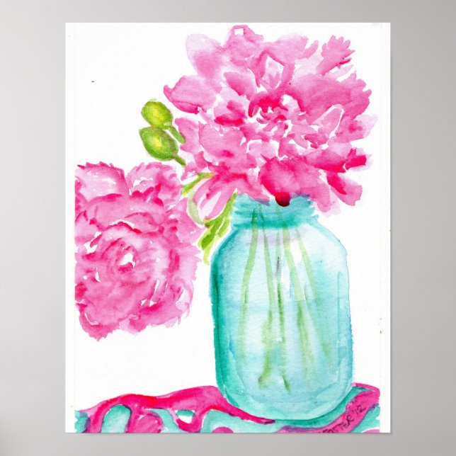 Pink Peonies in Canning Jar Poster (Front)