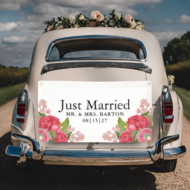 Pink Peonies Just Married Car Banner (Creator Uploaded)