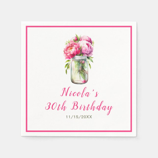 Pink Peonies Mason Jar Birthday Napkin (Front)