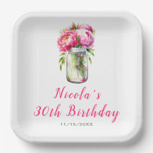 Pink Peonies Mason Jar Birthday Paper Plate