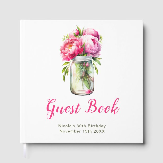 Pink Peonies Mason Jar Birthday Party Guest Book (Front)