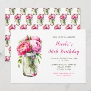 Pink Peonies Mason Jar Birthday Party Invitation