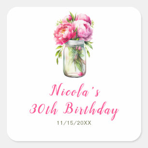 Pink Peonies Mason Jar Birthday Square Sticker