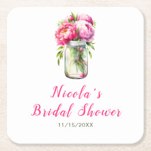Pink Peonies Mason Jar Bridal Shower Square Paper Coaster