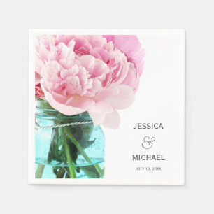 Pink Peonies Mason Jar Personalized Wedding Napkin