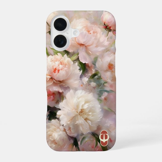 Pink Peonies Monogram Name Personalized iPhone 16 Case (Back)