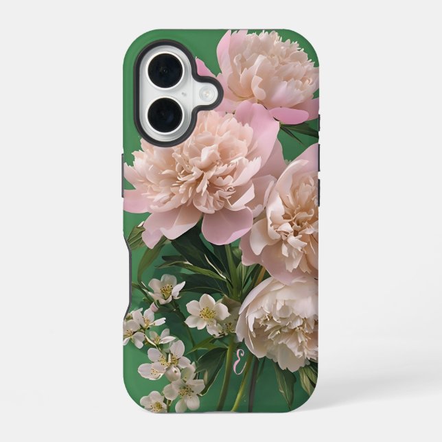 Pink Peonies Monogram Name Personalized iPhone 16 Case (Back)