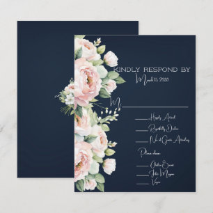 Pink Peonies Navy Background Wedding RSVP Card