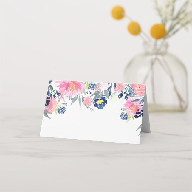 Pink Peonies Navy Blue Elements Place Cards (Front)