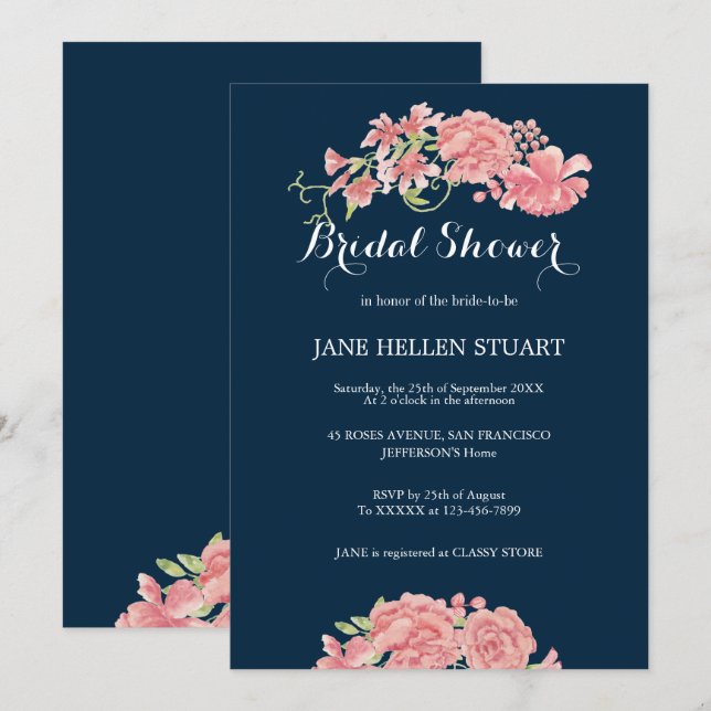 Pink peonies navy blue floral bridal shower invitation (Front/Back)
