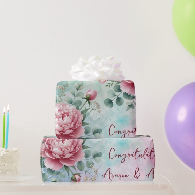 Pink Peonies On Blue/Pink Wedding/Shower Wrapping Paper (Party Gifts)