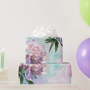 Pink Peonies On Blue/Pink Wedding/Shower Wrapping Paper