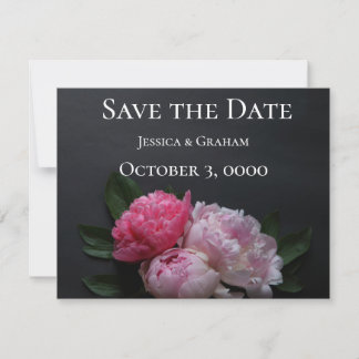 Pink peonies on dark background save the date