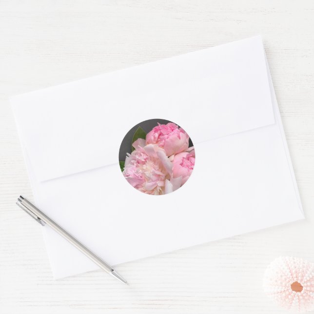 Pink peonies on dark grey classic round sticker (Envelope)