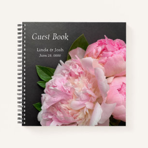 Pink peonies on dark grey wedding notebook