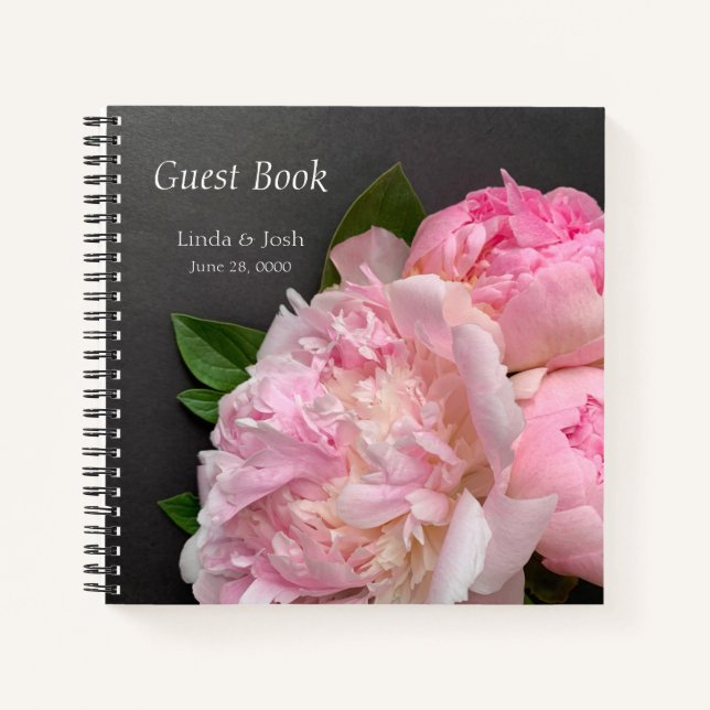 Pink peonies on dark grey wedding notebook (Front)