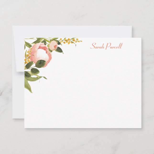 Pink Peonies Personalized Flat Note Card (Front)