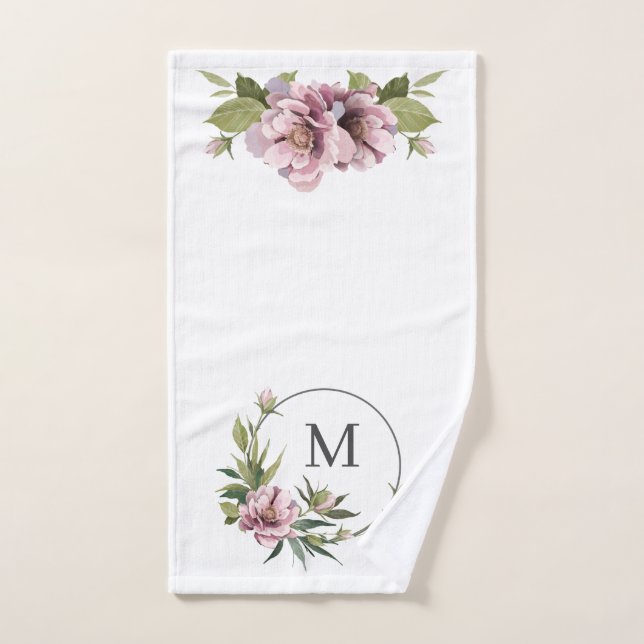 Pink peonies personalized initial monogram hand towel (Hand Towel)