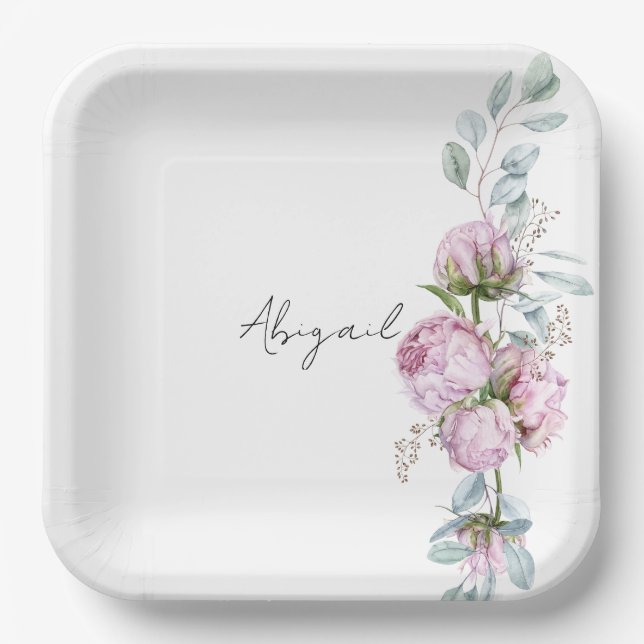 Pink Peonies Personalized Script Bridal Shower  Paper Plate (Front)
