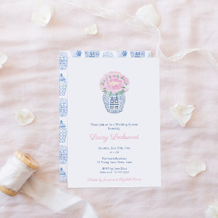 Pink Peonies Preppy Blue White Vase Bridal Shower  Invitation